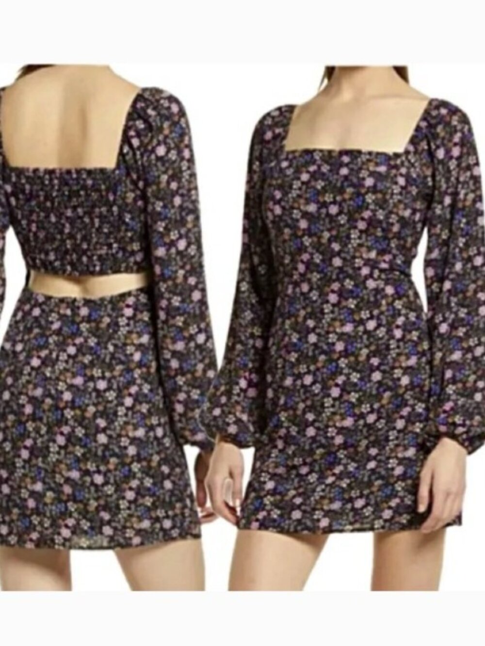 Smock Cut Out Back Mini Dress Ditsy Floral Long Sleeve Medium All In Favor Black